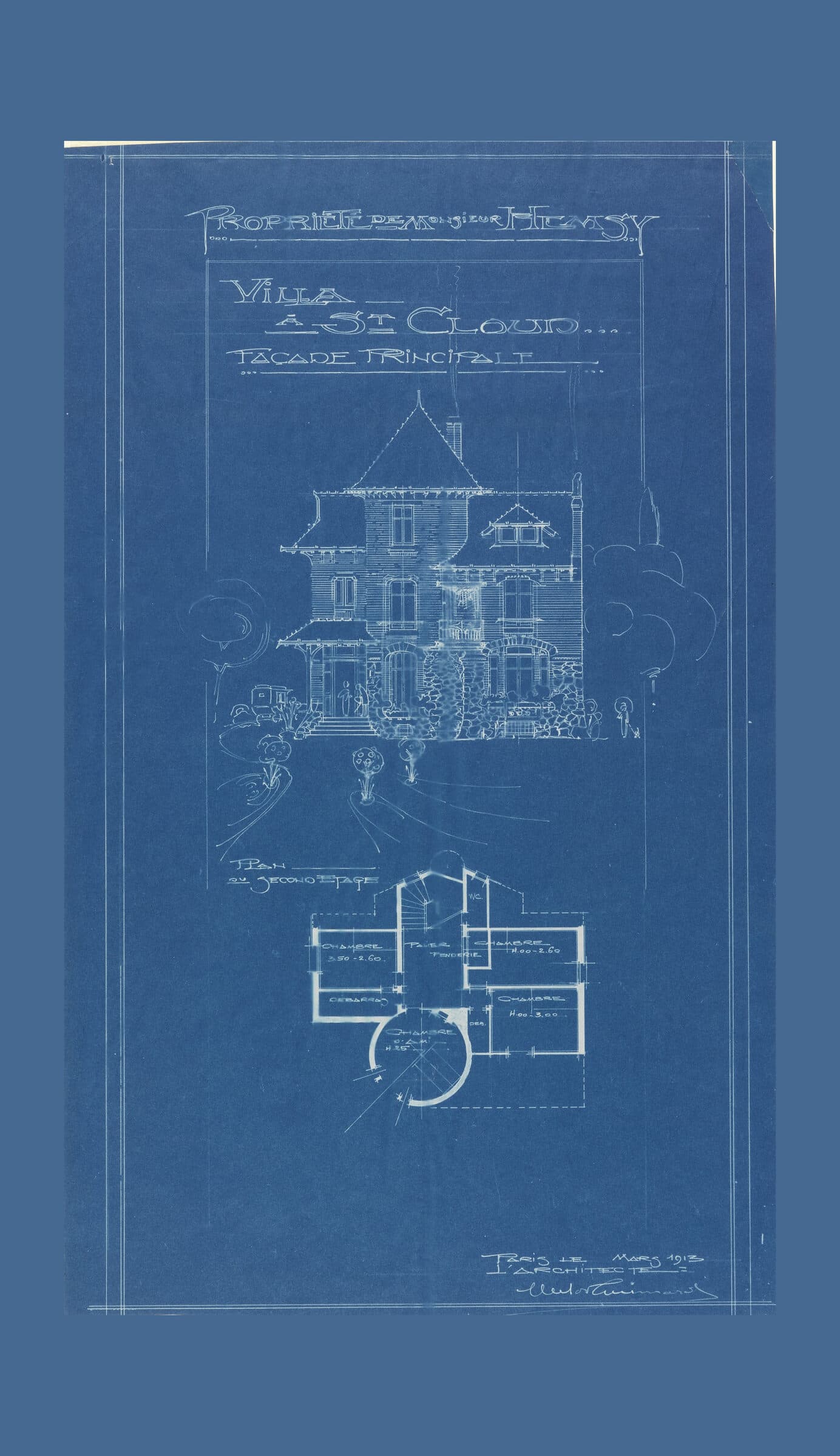 A cyanotype blueprint of a villa, the front elevation above a floor plan