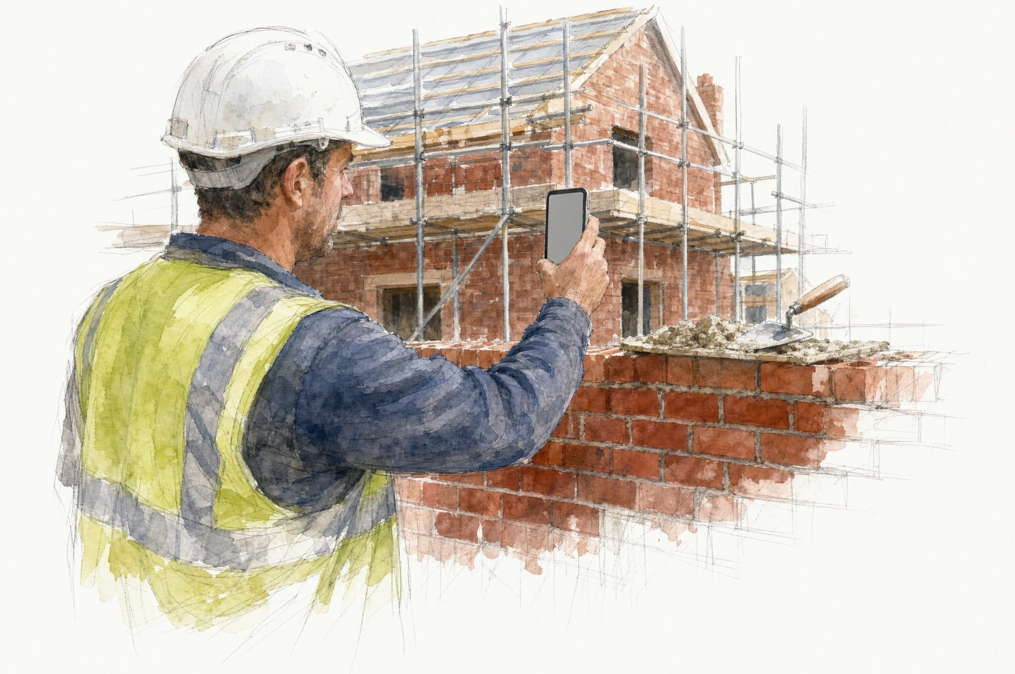 A watercolour of a bricklayer photographing a new brick wall with a phone, a scaffolded house behind