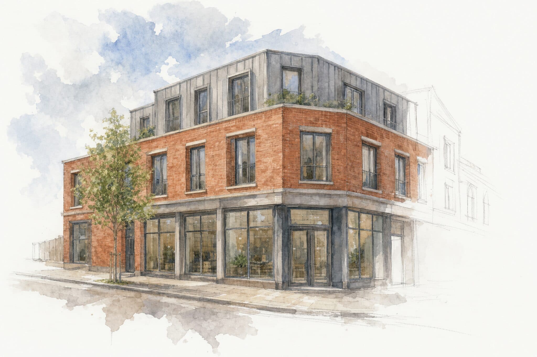 A watercolour of a three-storey corner building with shopfronts below and flats above