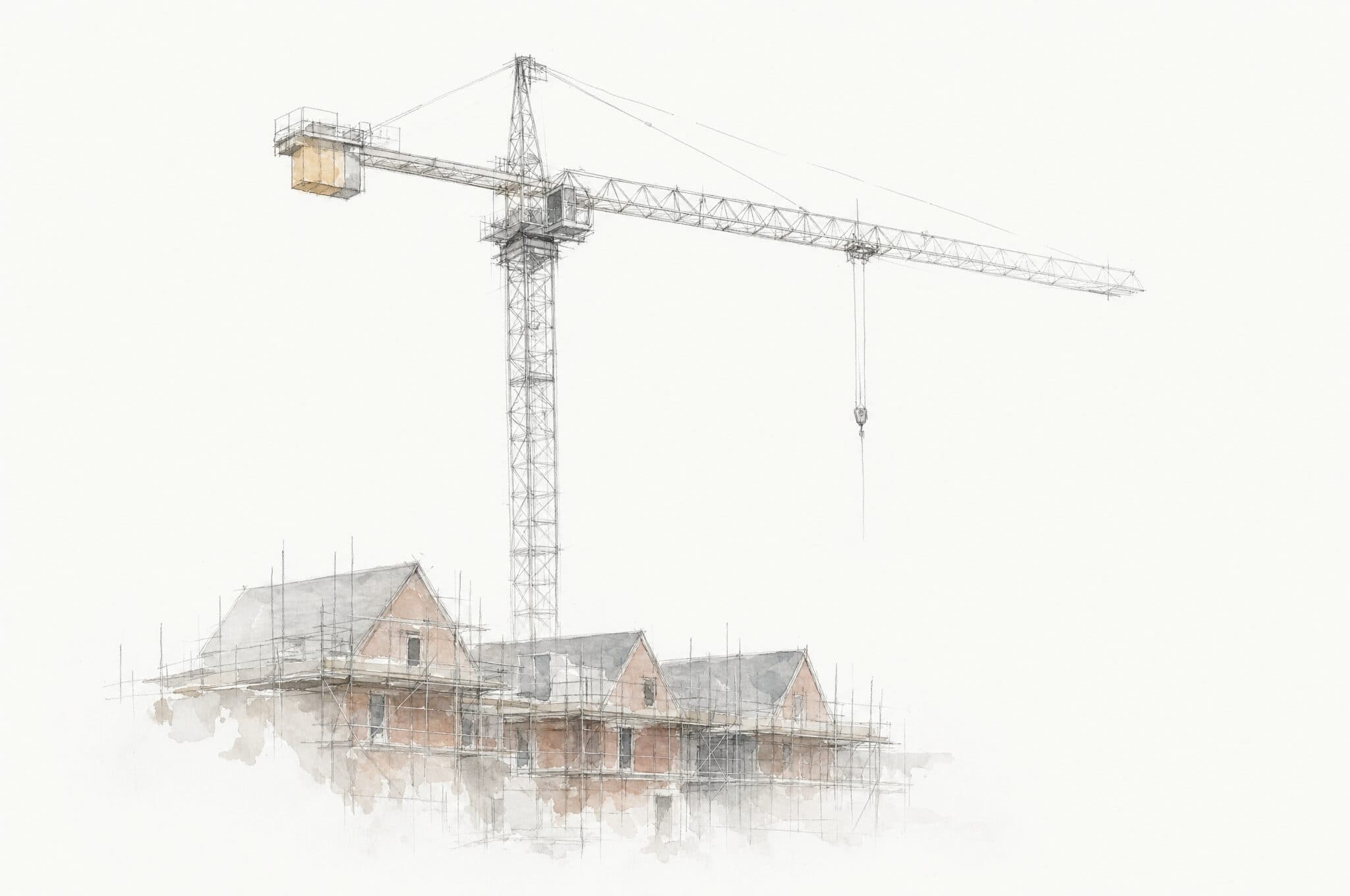 A pencil and wash drawing of a tower crane standing over three scaffolded houses