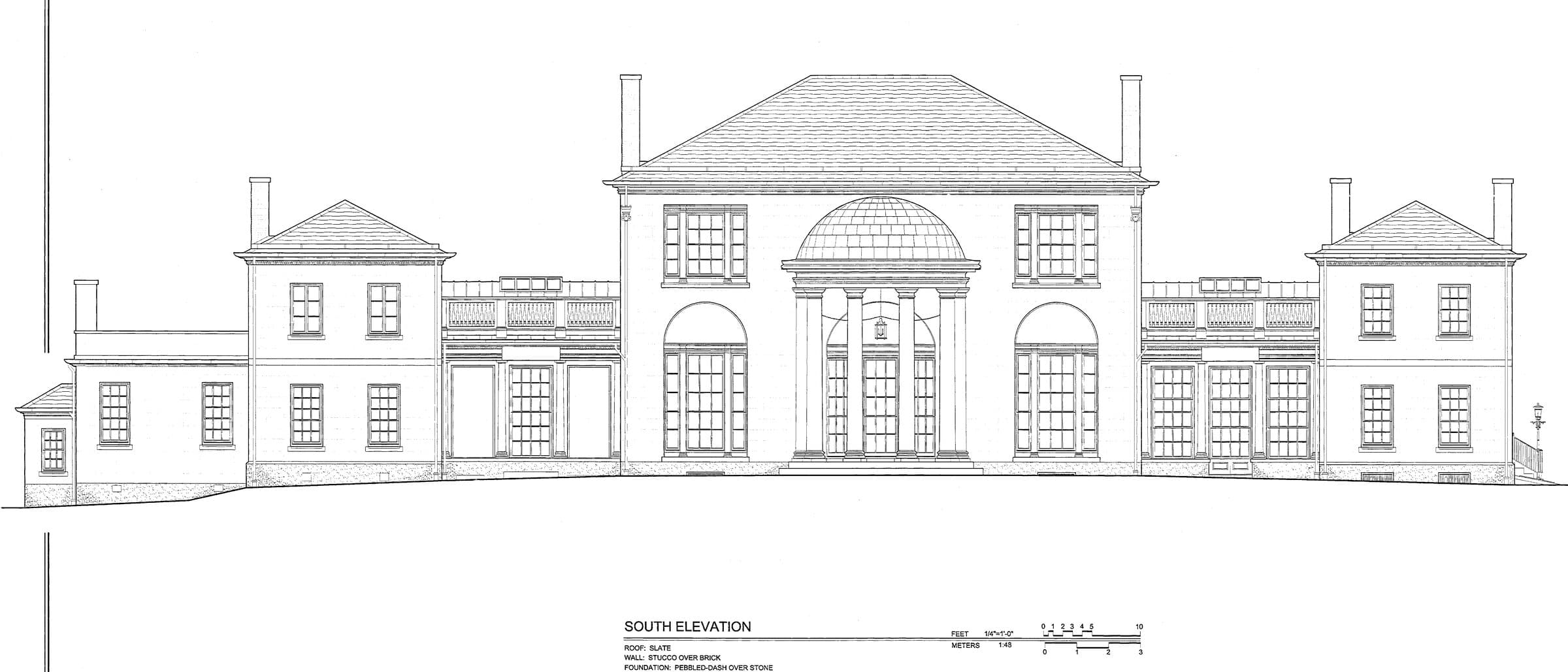 A measured drawing of a long house front, set out in fine black line