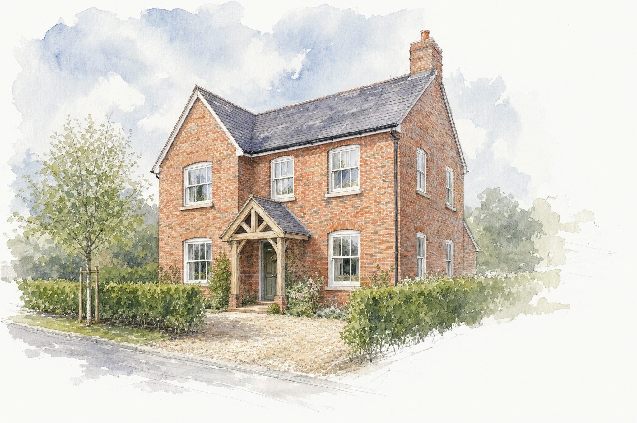 A watercolour of a new brick house with a slate roof, an oak porch and a gravel drive