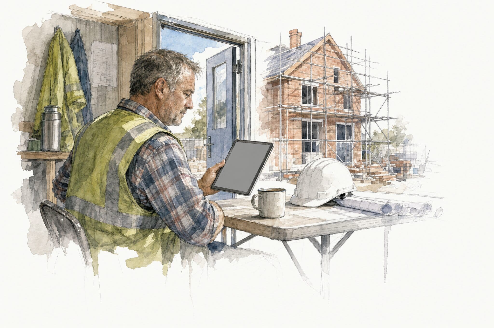 A watercolour of a builder in a site cabin reading a tablet, a scaffolded house through the doorway