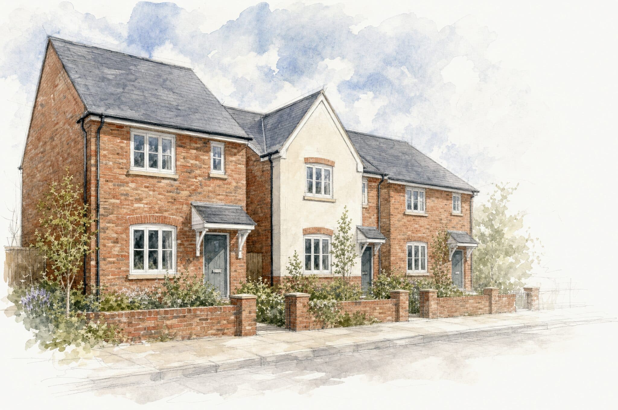 A watercolour of a short terrace of three new brick houses behind low garden walls