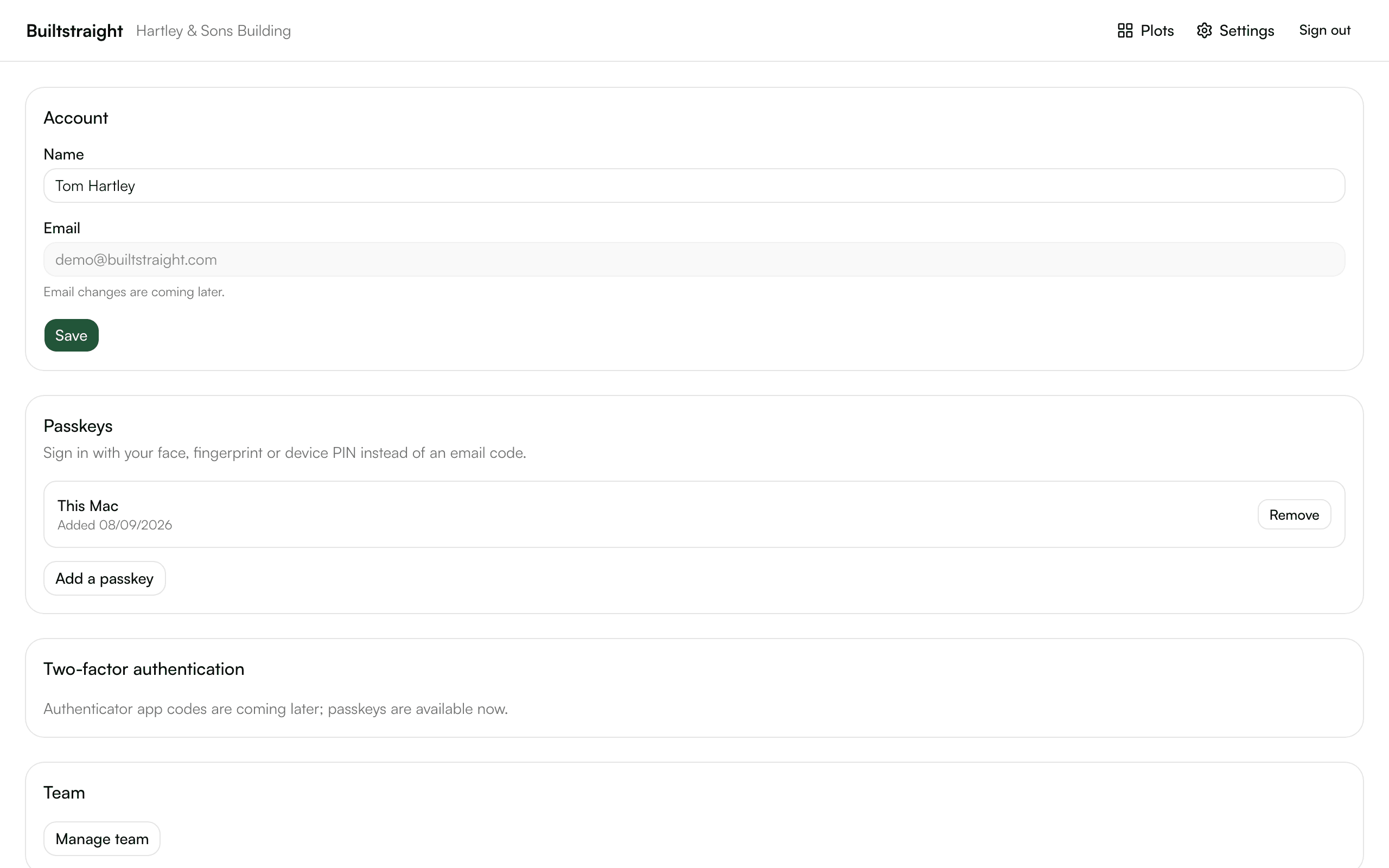 The account settings page with a passkey already registered for this device